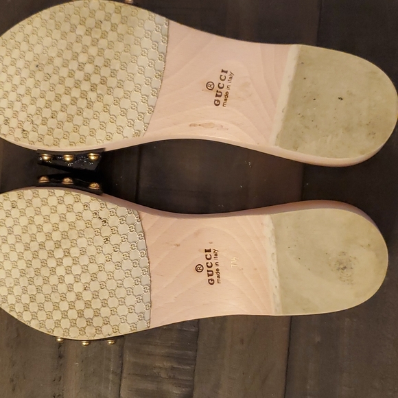 Gucci Hysteria Accent Patent Leather Slides sandals wooden heel size 7 1/2 - Picture 6 of 8